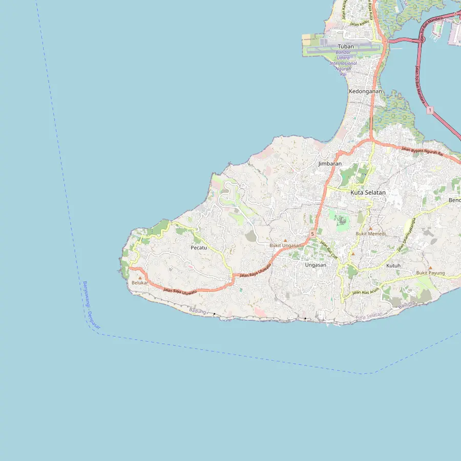 Map of the Bukit peninsula with Uluwatu Temple, Karang Boma Cliff, Labuan Sait Beach, Garuda Wisnu Kencana, the Melasti Beach stage and Jimbaran Beach