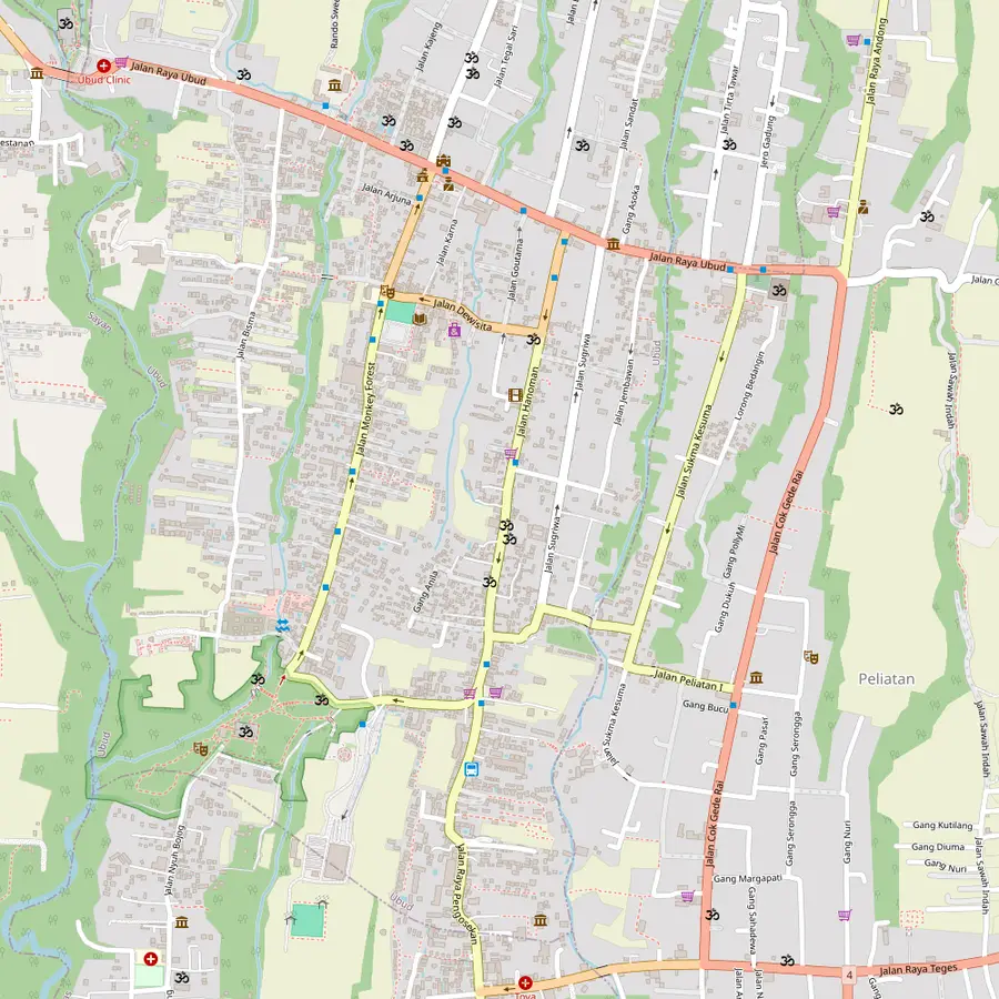 Street map of Ubud with Ubud Palace, Pura Dalem Ubud, Pura Dalem Taman Kaja, Puri Agung Peliatan and the ARMA museum